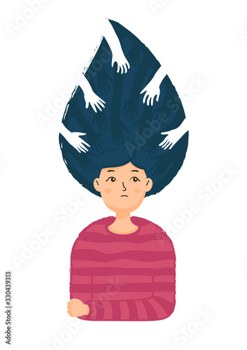 Girl with a psychological illness. Banner about a panic attack or anxiety. The concept of depression. Vector illustration isolated on white background