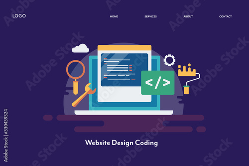 Web design and coding, online web page builder app, css, html programming for website design and development concept, internet technology, web banner template for presentation, blog, social media.