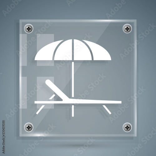 White Sunbed icon isolated on grey background. Beach umbrella and Sun lounger. Square glass panels. Vector Illustration