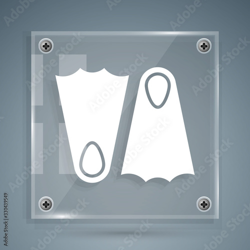 White Rubber flippers for swimming icon isolated on grey background. Diving equipment. Extreme sport. Sport equipment. Square glass panels. Vector Illustration
