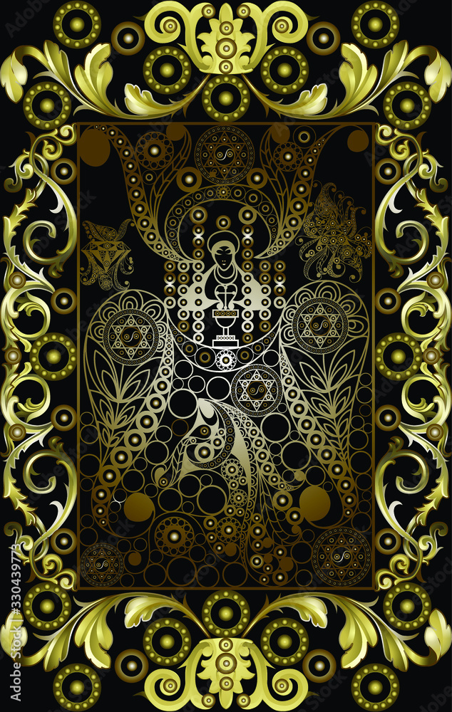 Graphic abstract design with occult tarot card. Major Arcana - The Chariot. Suitable for invitation, flyer, sticker, poster, banner, card, label, cover, web. Vector illustration. Graphic abstract design with occult tarot card. Major Arcana - The Chariot. Suitable for invitation, flyer, sticker, poster, banner, card, label, cover, web. Vector illustration.