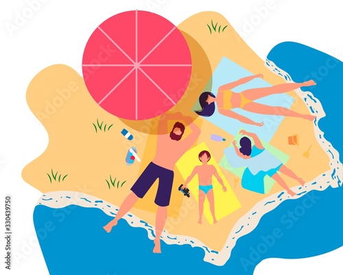 Top View of Family with Kids Tanning on Sandy Beach. Happy Parents and Little Children Lying on Seaside Relaxing and Having Leisure on Summer Time Vacation Holidays. Cartoon Flat Vector Illustration