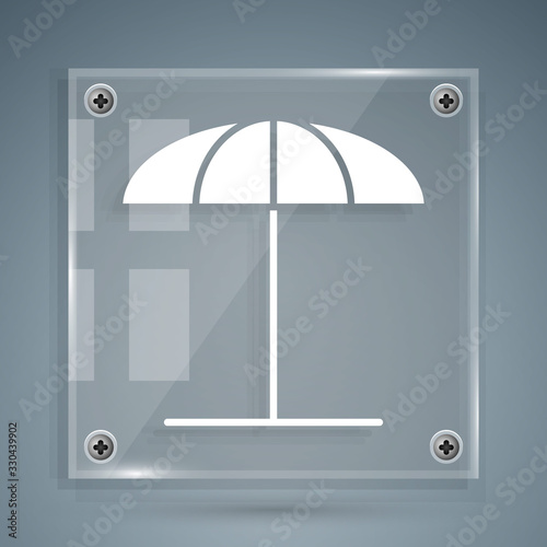 White Sun protective umbrella for beach icon isolated on grey background. Large parasol for outdoor space. Beach umbrella. Square glass panels. Vector Illustration