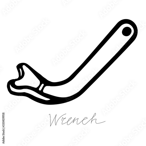 Hand-draw black vector illustration of metallic locksmith tool isolated on a white background with lettering wrench