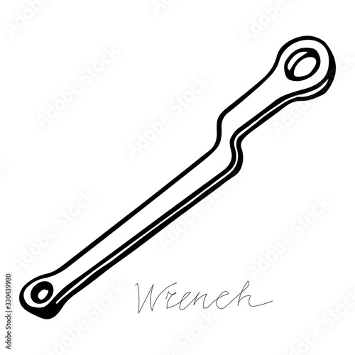Hand-draw black vector illustration of metallic locksmith tool isolated on a white background with lettering wrench