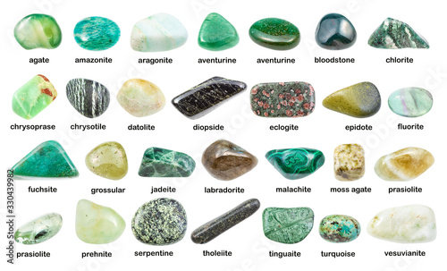 set of various green gemstones with names isolated photo