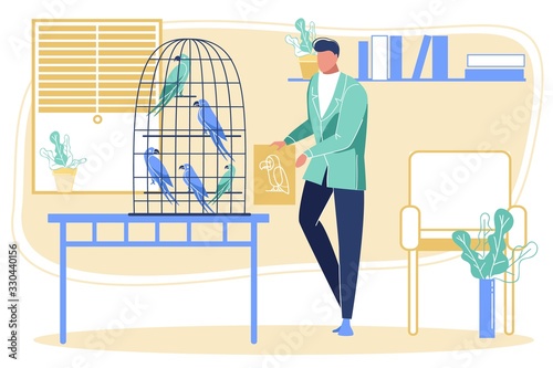 Elegant Bearded Man Holding Picture of Parrot Showing it to Birds Sitting in Cage. Character and his Smart Avian Pets. Owner of Exotic Tropical Birds or Vet Doctor. Cartoon Flat Vector Illustration