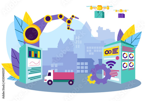 Automatic Cargo Load System. Computer Technology. Working Process. Automation and Technology. Vector Illustration. Delivery Cargo. Smart Idustry. Drone Delivery. Truck Background Industrial Enterprise