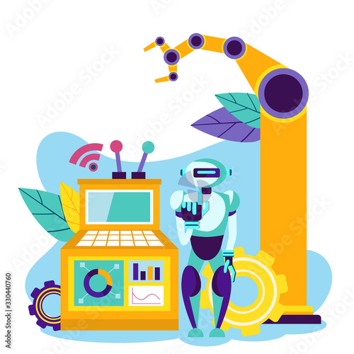 Automation Production. Robot Control. Operating System of Industrial Enterprise. Robot Factory Worker. Computer Technology. Working Process. Modern and Technology. Vector Illustration. Smart Idustry.