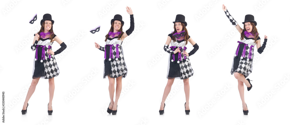 Pretty girl in jester costume with mask isolated on white