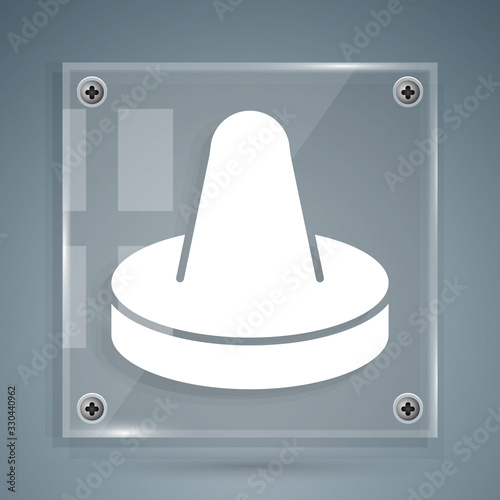 White Mallet and puck for playing air hockey game icon isolated on grey background. Square glass panels. Vector Illustration