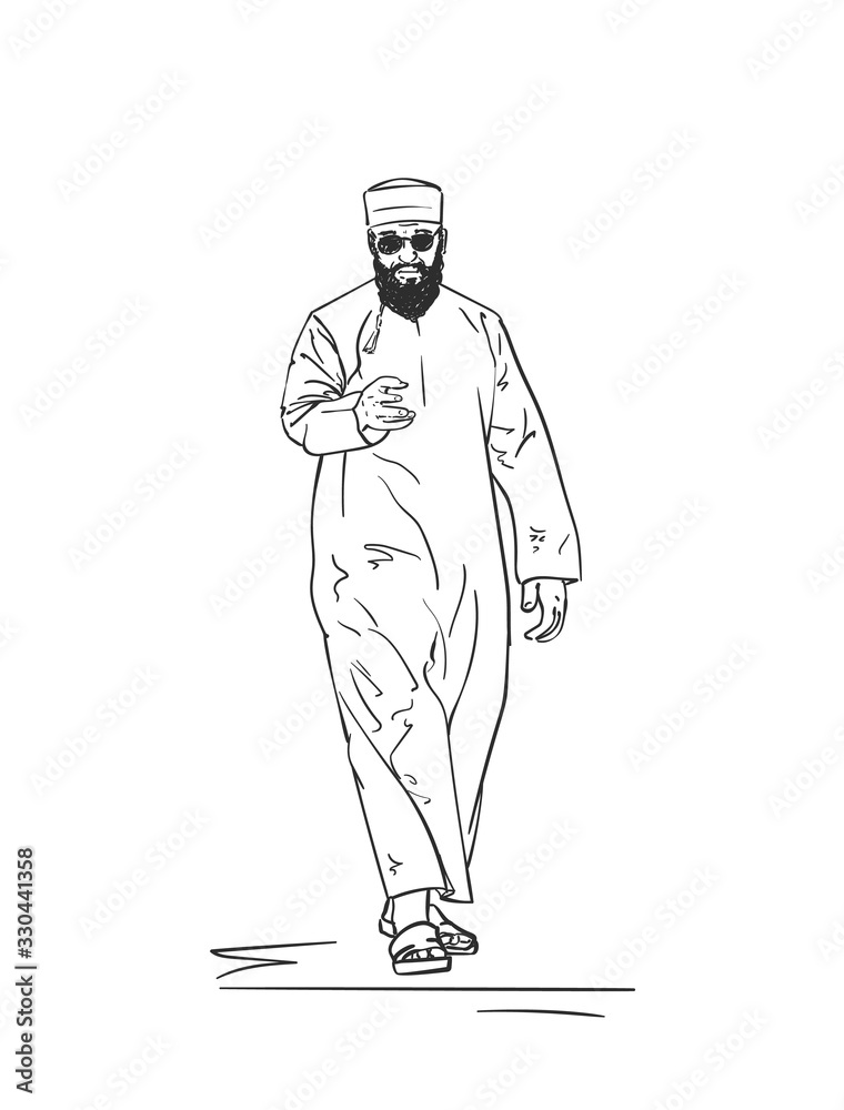 Sketch of muslim arabic man in traditional clothes, Hand drawn vector linear illustration