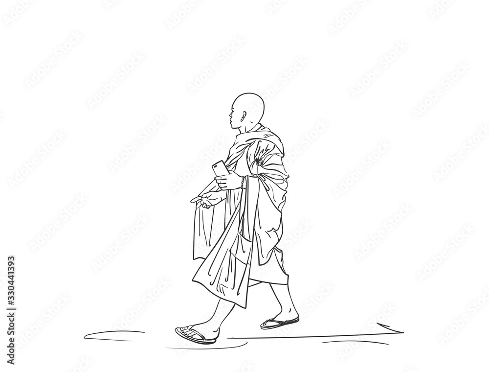 Obraz premium Sketch of walking buddhist monk with smart phone in hand, Hand drawn vector linear illustration isolated