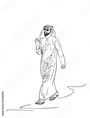 Sketch of muslim arabic man in traditional clothes, Hand drawn vector linear illustration