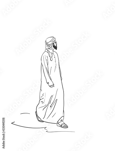 Sketch of muslim arabic man in traditional clothes, Hand drawn vector linear illustration
