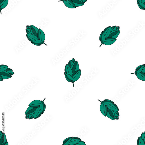 Hand drawn engraving style Hops seamless pattern. Common hops or Humulus lupulus with cones. dark green flowers on a white background. vector flower background. for fabrics, branding design