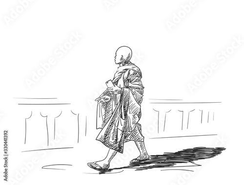 Sketch of walking buddhist monk with smart phone in hand walking outside, Hand drawn vector illustration