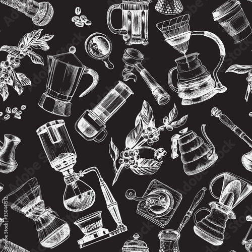 Illustration with an alternative way of brewing coffee. Alternative coffee brewing methods sketch.