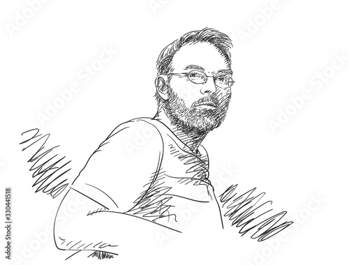Portrait of handsome unshaven man wearing eyeglasses, Hand drawn vector sketch