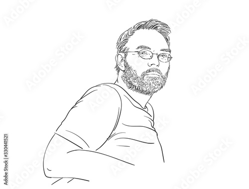 Portrait of handsome unshaven man wearing eyeglasses, Hand drawn isolated vector sketch, Linear illustration