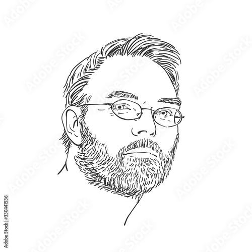 Isolated head of unshaven man wearing eyeglasses, Hand drawn vector sketch