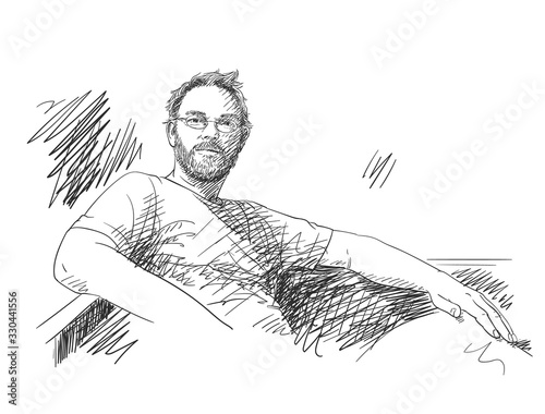 Unshaven man wearing eyeglasses, with shaggy hair and with satisfied enlightened look relaxing on sofa, Hand drawn vector sketch