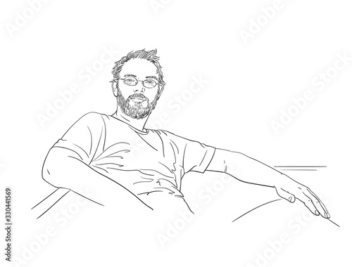 Unshaven man wearing eyeglasses, with shaggy hair and with satisfied enlightened look relaxing on sofa, Hand drawn vector linear sketch