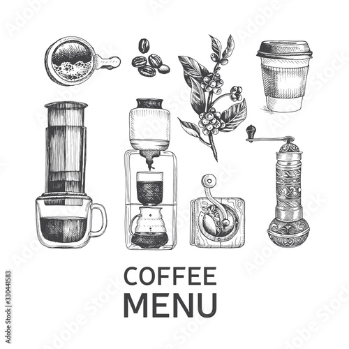 Illustration with an alternative way of brewing coffee. Alternative coffee brewing methods sketch.