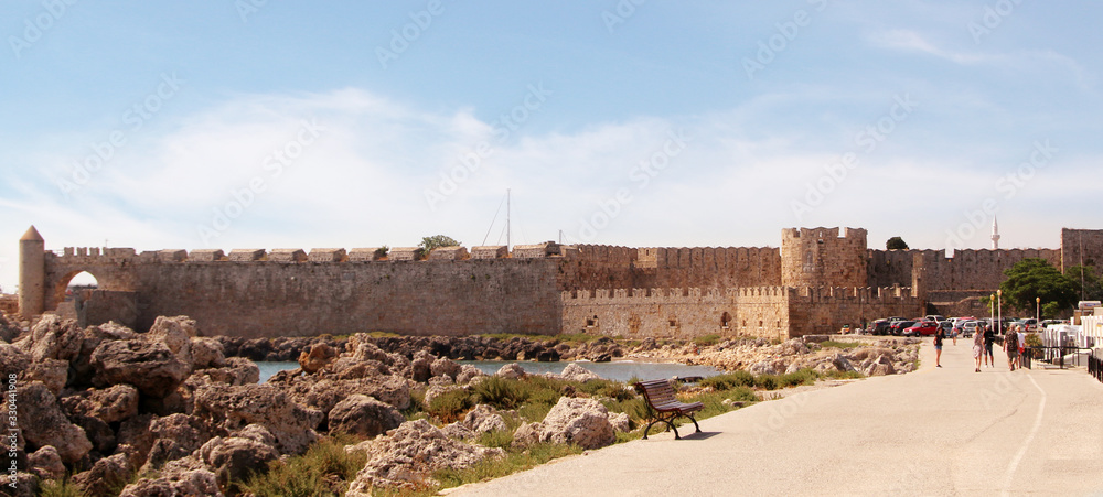 View the embankment and the medieval fortress, Rhodes, Greece