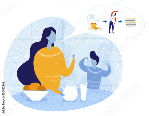 Cartoon Family Characters Talking. Mother Teaching Son be Strong and Healthy during Breakfast in Kitchen. Natural Food, Daily Physical Exercise and Book Knowledge. Vector Flat Illustration