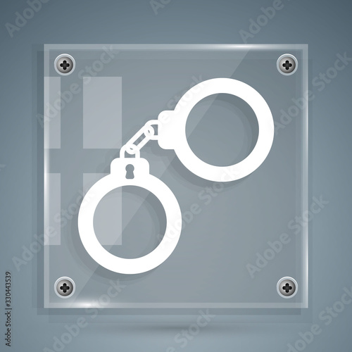 White Handcuffs icon isolated on grey background. Square glass panels. Vector Illustration