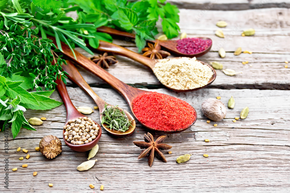 Spices in spoons on wooden board Spices in spoons on wooden board