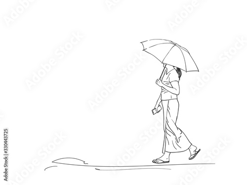 Sketch of walking woman with umbrella, back view, Hand drawn vector illustration