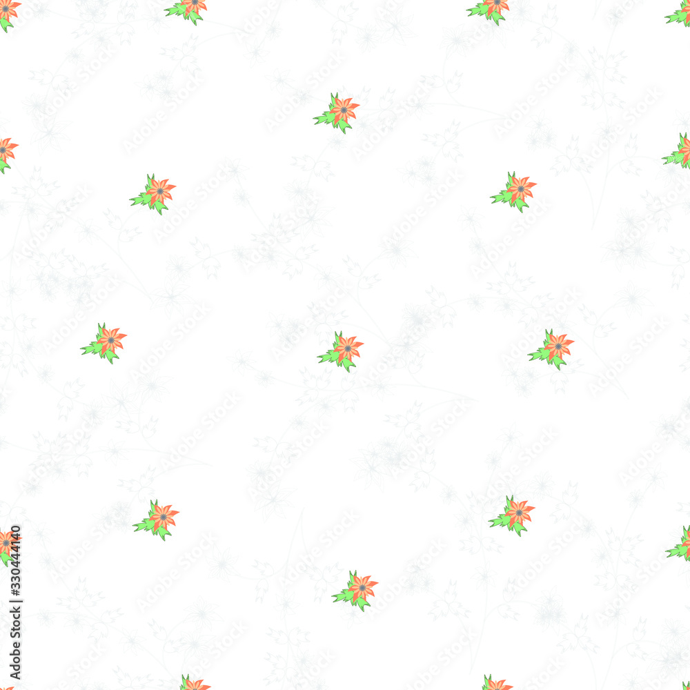 Seamless pattern of abstract flowers on their stems with green leaf print , fabric Seamless pattern of abstract flowers on their stems with green leaf print , fabric
