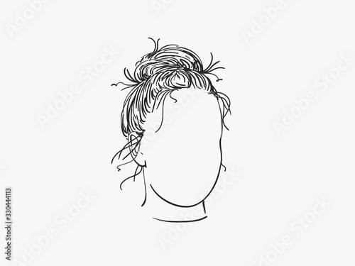 Vector sketch of girl head with no face and bun hairstyle, Hand drawn illustration isolated