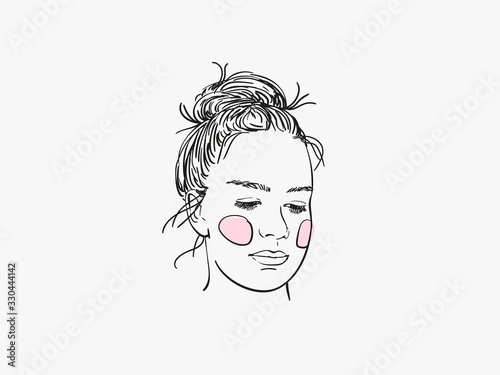 Sketch of girl's head with pink cheeks, serious eyes looking down, Hand drawn vector illustration