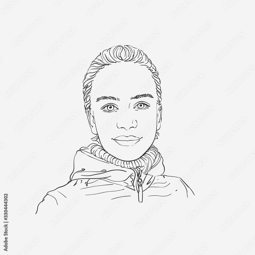 Vector sketch of lovely girl with neatly combed hair, portrait in warm jacket, Hand drawn linear illustration Vector sketch of lovely girl with neatly combed hair, portrait in warm jacket, Hand drawn linear illustration