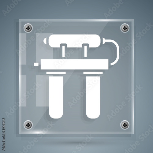 White Water filter icon isolated on grey background. System for filtration of water. Reverse osmosis system. Square glass panels. Vector Illustration