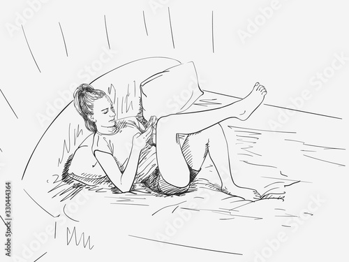 Vector sketch of young girl in bed using smartphone, Hand drawn illustration