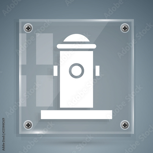 White Fire hydrant icon isolated on grey background. Square glass panels. Vector Illustration