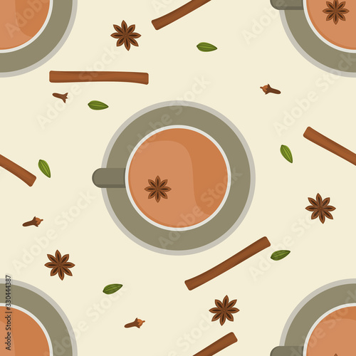 Editable Top View Indian Masala Chai with Assorted Herb Spices Vector Illustration Seamless Pattern for Creating Background of Beverages With South Asian Culture and Tradition