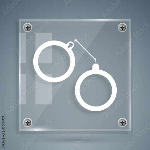 White Handcuffs icon isolated on grey background. Square glass panels. Vector Illustration