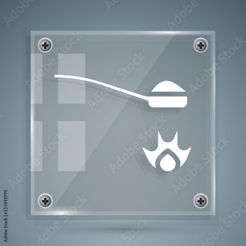 White Heroin in a spoon icon isolated on grey background. Concept of drug addiction and dependence from the narcotic. Junkie lifestyle. Square glass panels. Vector Illustration