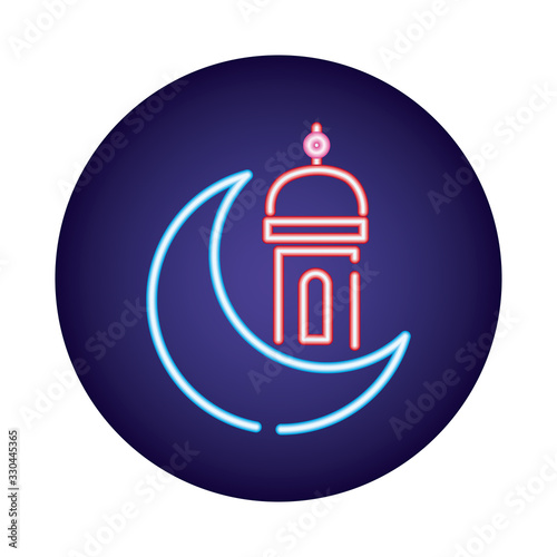 moon night with ramadan temple neon light style icon