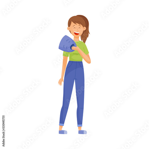 Young Laughing Woman Standing and Holding Sad Mask in Her Hands Vector Illustration