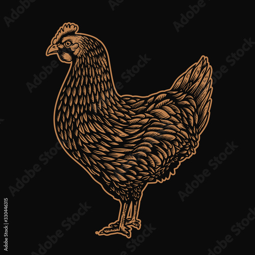 Illustration of chicken in engraving style. Design element for logo, label, sign, emblem, poster. Vector illustration
