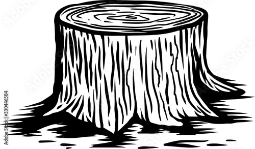 Illustration of wood stump in engraving style. Design element for emblem, sign, poster, card, banner, flyer. Vector illustration
