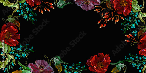 Red roses and violet flowers. Floral banner. Summer frame. Embroidery art. Fashion template for design