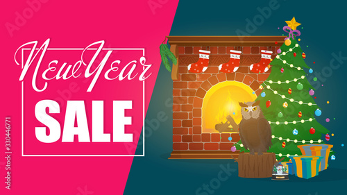 New year sale banner. Gifts, Christmas tree, fireplace. Poster on the topic of discounts for the new year. Vector.