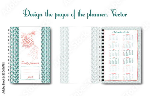 Set design of a notebook or diary page for use by a woman or a girl. With flower pattern, outline pattern, doodling. Glider for business and personal life. Daily planner, designer